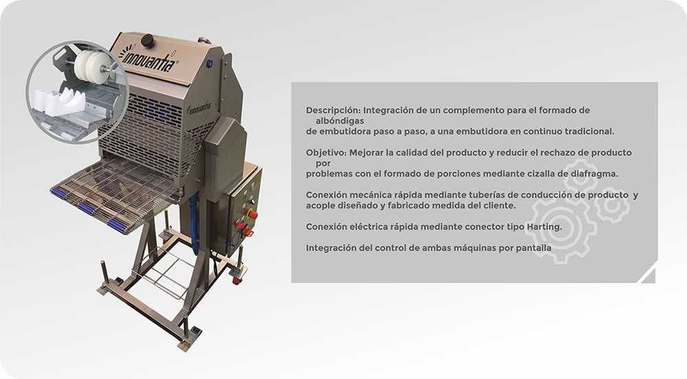 TEXTO TECNICO:Formadora automática de albóndigas y croquetas Mod. FAMódulo destinado a la elaboración de albóndigas y/o croquetas por rodadura con acabado artesanal. El exclusivo diseño del sistema de lubricación consigue evitar la adherencia de la masa al rodillo y permite el uso de aceites aromatizados o vino para dar un sabor distintivo a la masa. Preparada para ir conectada a cualquier embutidora. • Características:Cabezal bifurcador y corte mediante cuchillas o liras (2/4 salidas).Cabezal con distribuidor de caudal y corte mediante cuchillas o liras (6/8 salidas).Velocidad de corte variable.Regulación del peso desde el panel de la embutidora.Distintos formatos dependiendo del diámetro y peso del producto a obtener.Transportador de banda metálica con velocidad regulable.Funcionamiento neumático.Aportación temporizada de lubricante en la rodadura.Cuadro de control por pulsadores. • Datos técnicos: Producción: hasta 150 ciclos/min.Número de salidas: 2/4/6/8 Ancho cinta: 400/600 mm.Dimensiones (LxAxH): 1000×600/800×1500 mm.